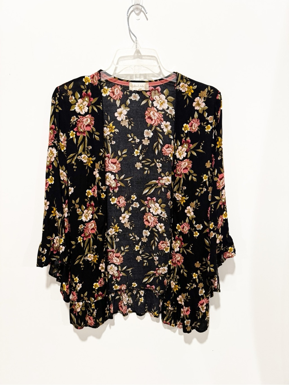 Altar'd State Black Floral Open Cardigan with Pink & Yellow Flowers